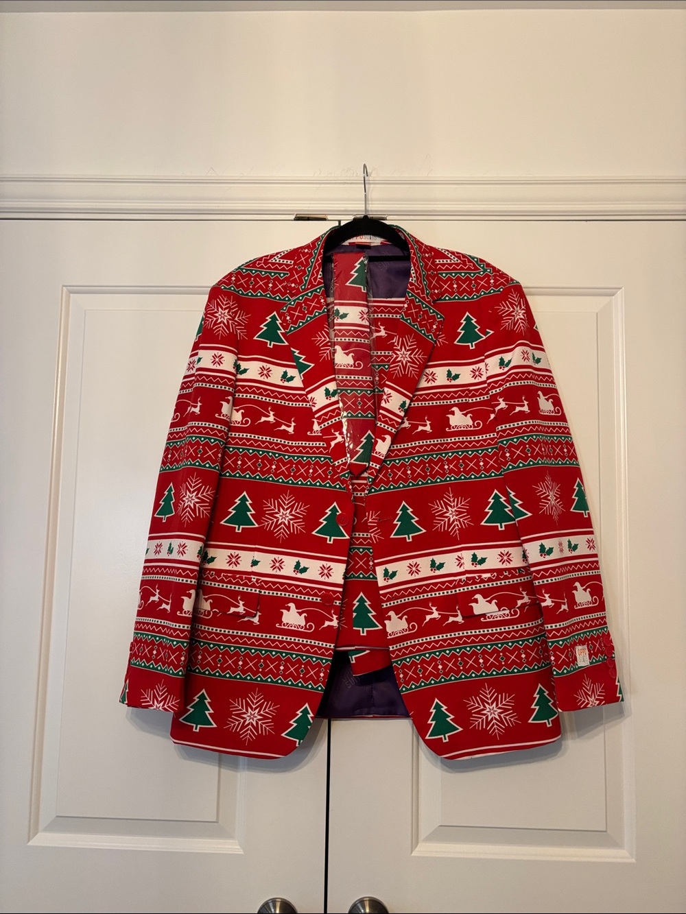 Red Holiday suit - pants, twith Green Trees and White Accents
